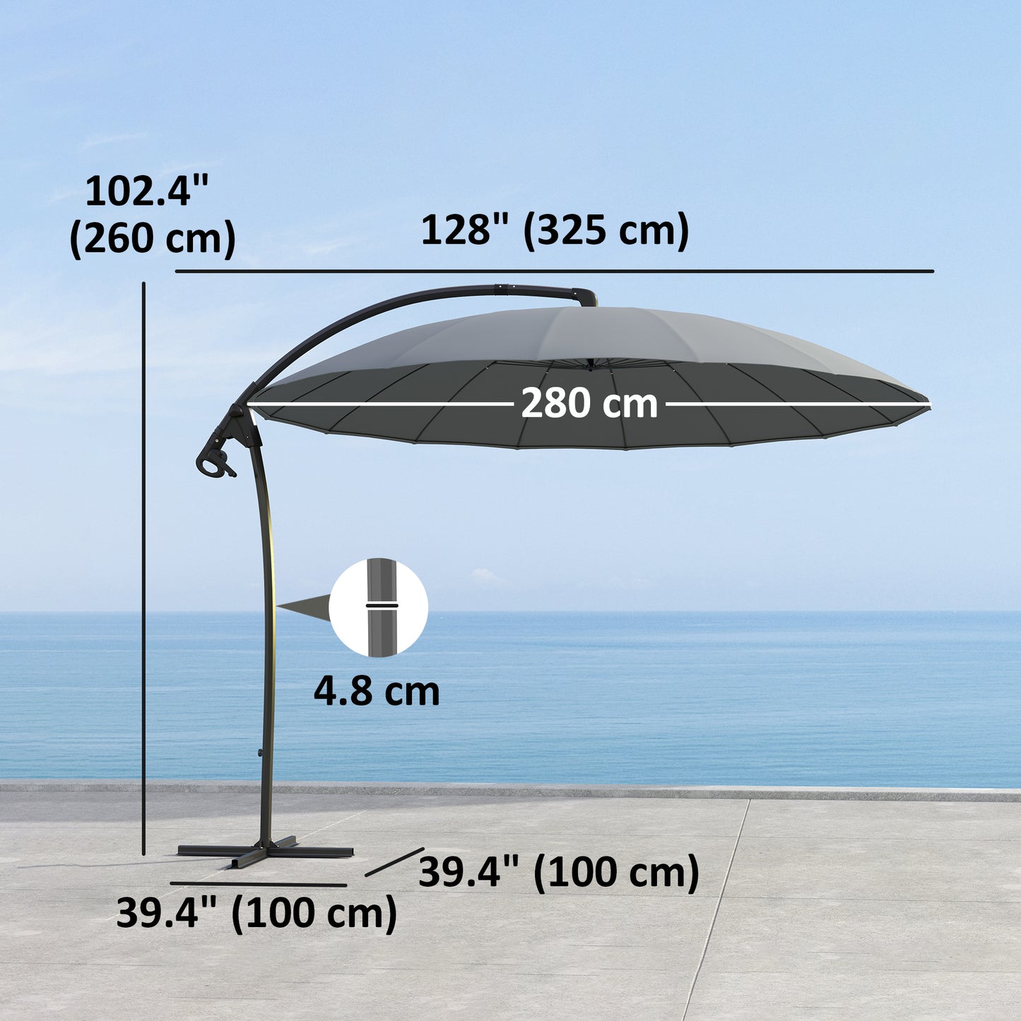 Outsunny 2.7m Cantilever Umbrella with 16 Fiberglass Ribs, Offset Hanging Umbrella, Patio Umbrella with Crank and Cross Base, Grey
