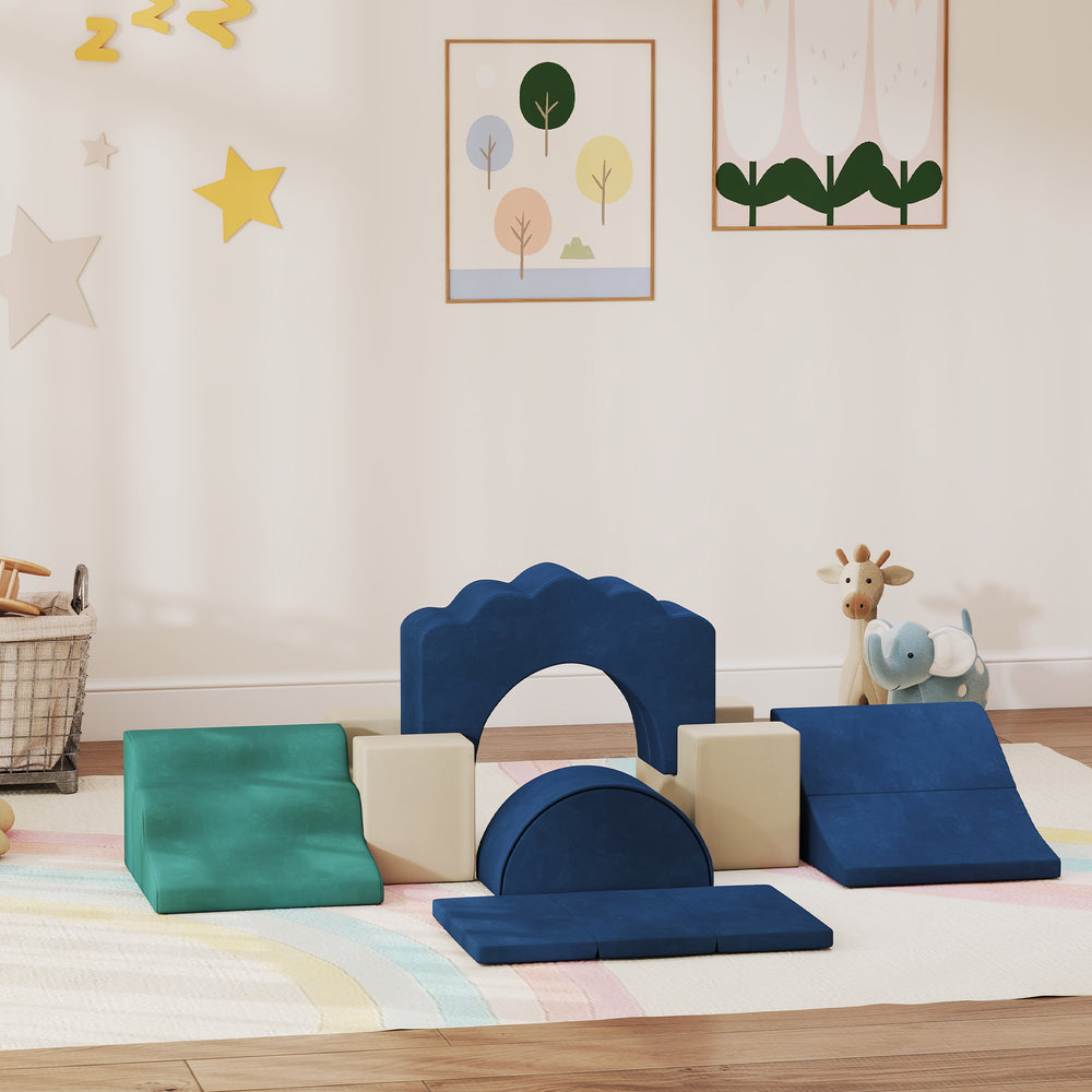 Aire de jeux intérieure 7 pièces pour ramper, glisser et jouer, bleu marine