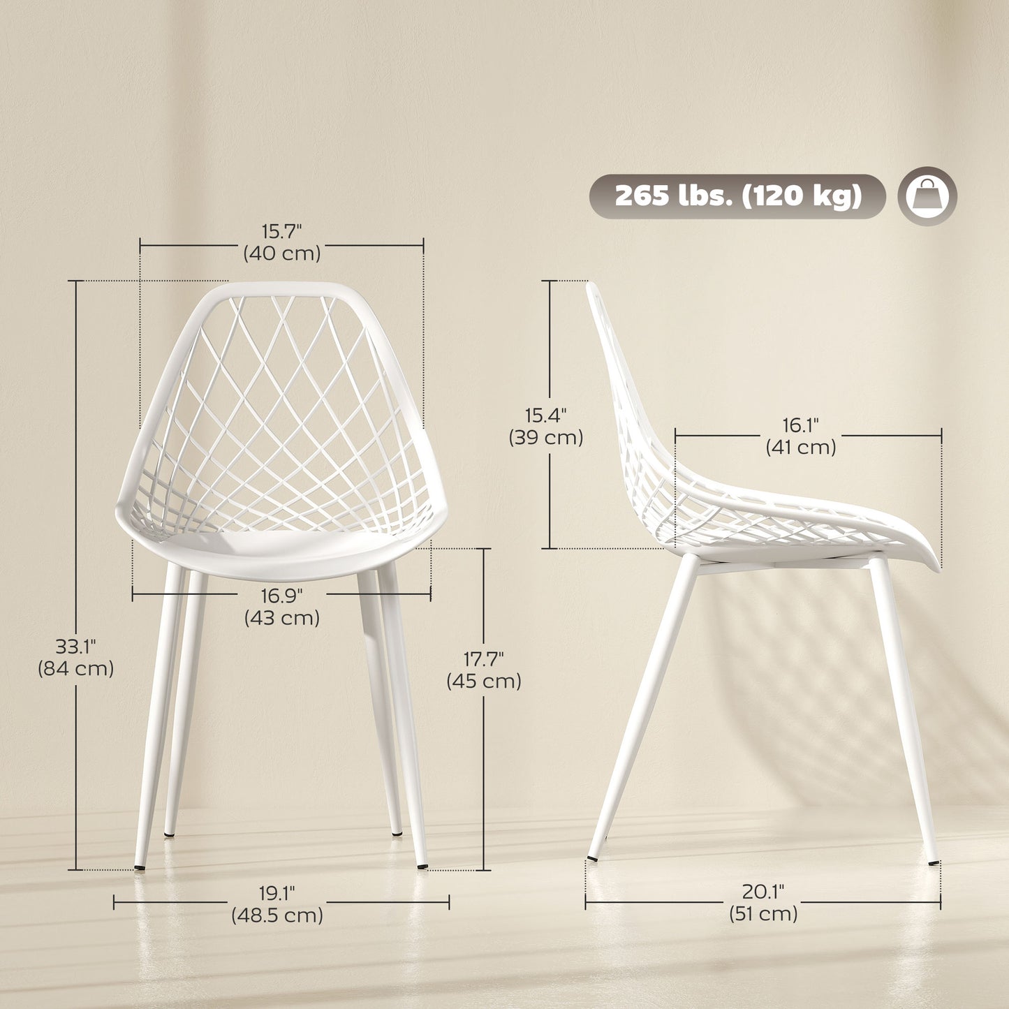 Lot de 4 chaises de salle à manger modernes en plastique avec dossier creux et pieds en métal, blanches