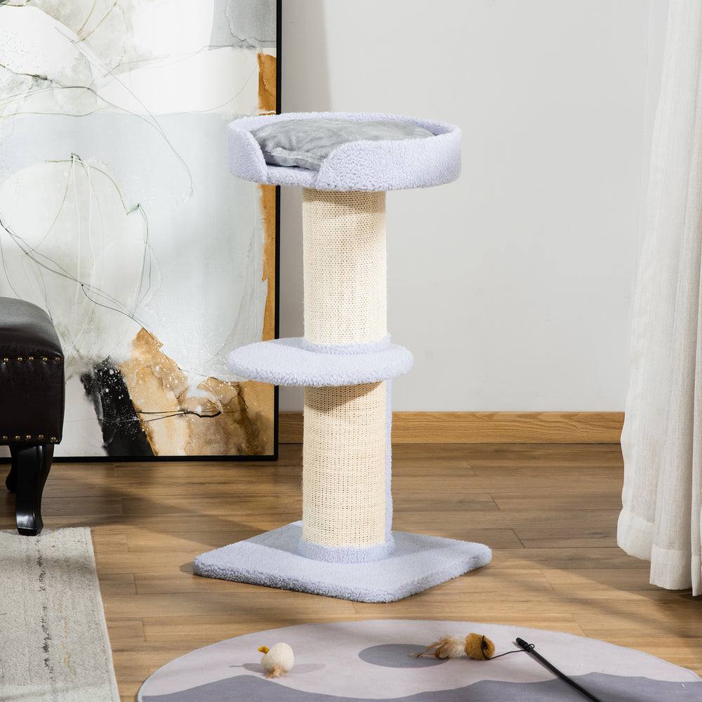 Arbre à chat avec tapis en sisal, griffoir, panier, coussin et perchoir, bleu clair