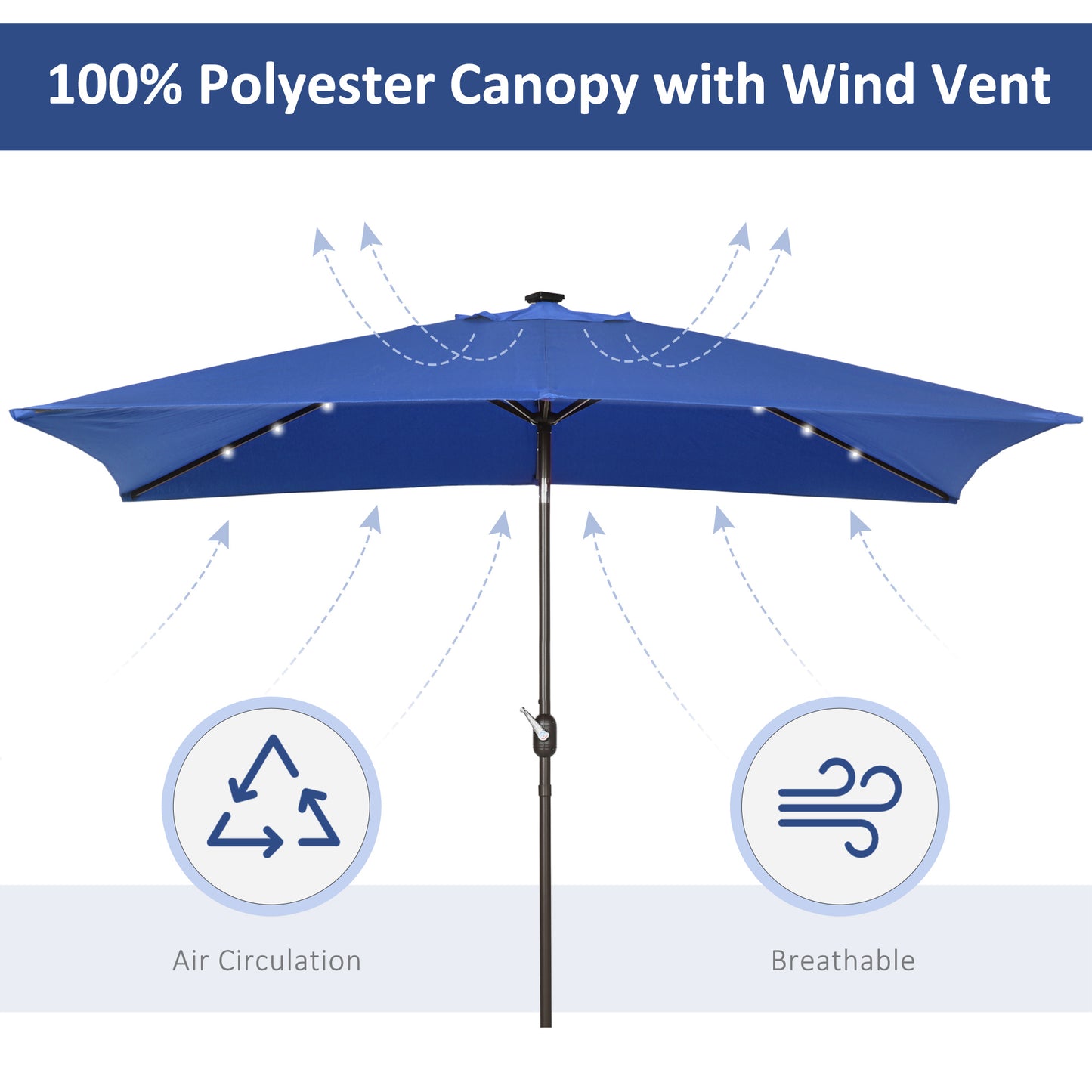 Parasol de terrasse rectangulaire 2 x 3 m, inclinable et solaire, en aluminium, avec manivelle et LED (bleu foncé)