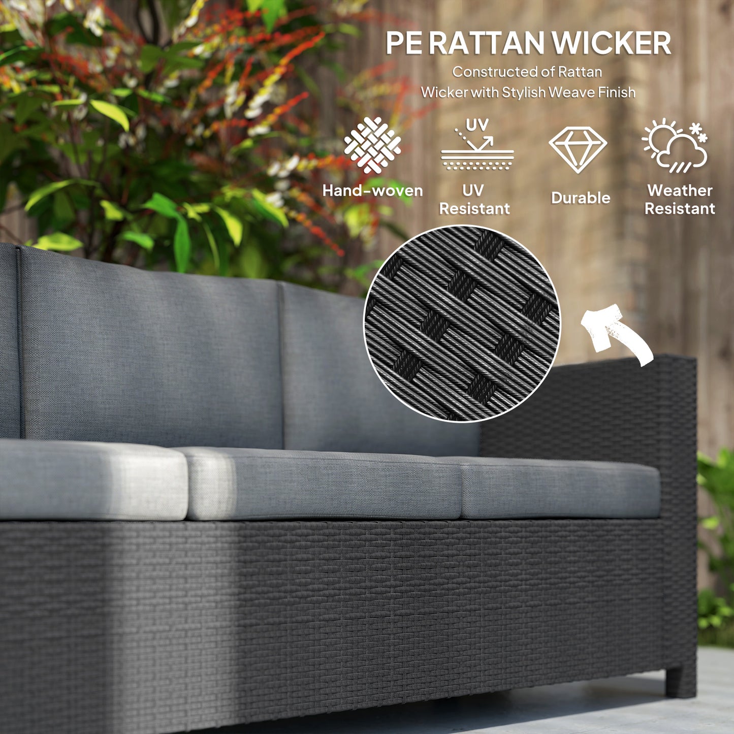 3 Seater Rattan and Wicker Sofa, Outdoor Garden Furniture with Cushion, Grey