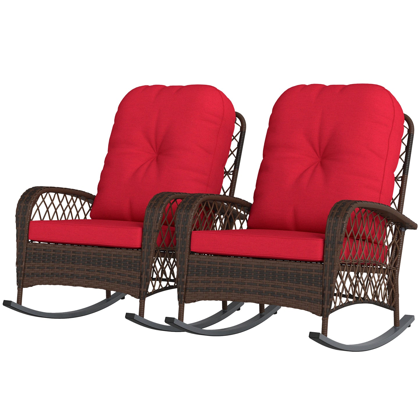 Lot de 2 chaises à bascule d'extérieur en rotin et osier, avec coussins épais, rouge