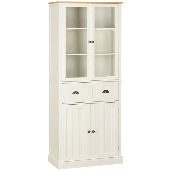 Meuble de rangement avec portes vitrées, tiroir et étagères réglables, blanc crème
