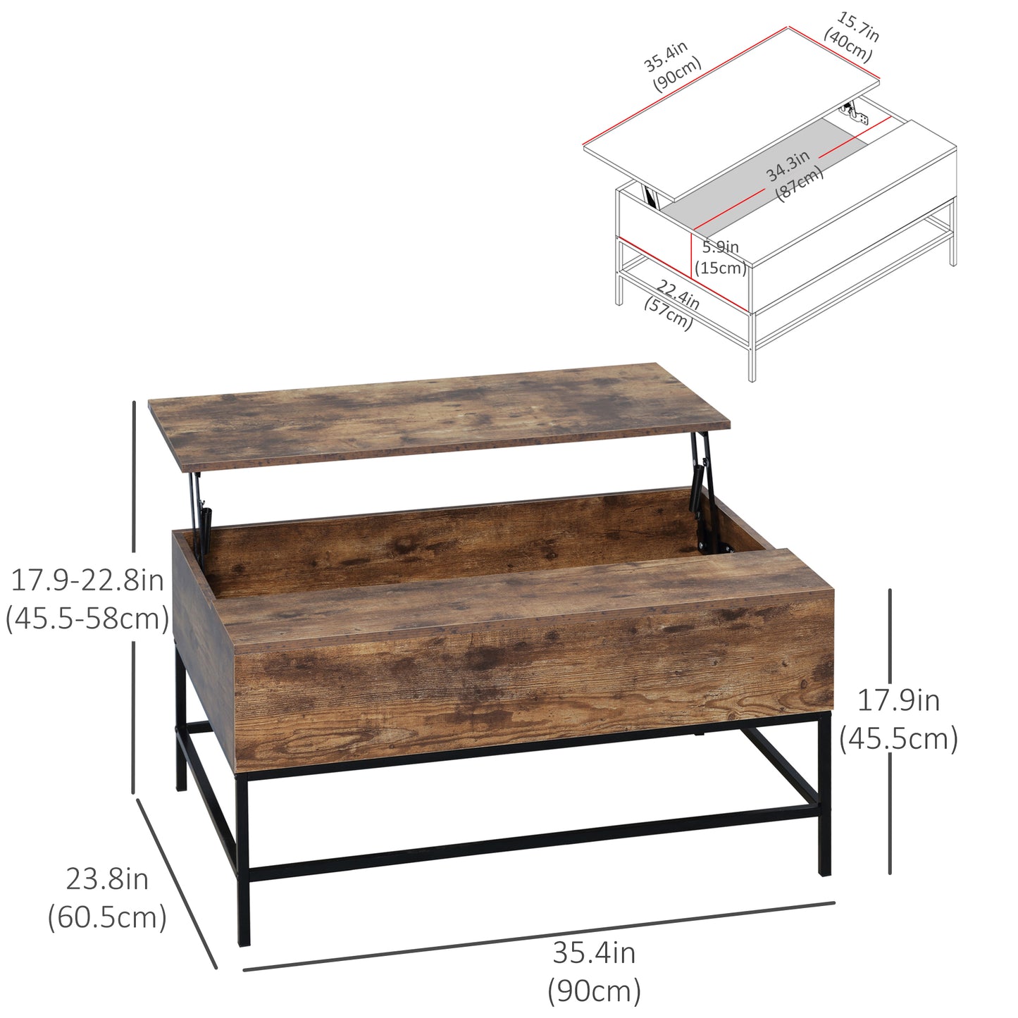 Table centrale relevable pour salon, marron rustique
