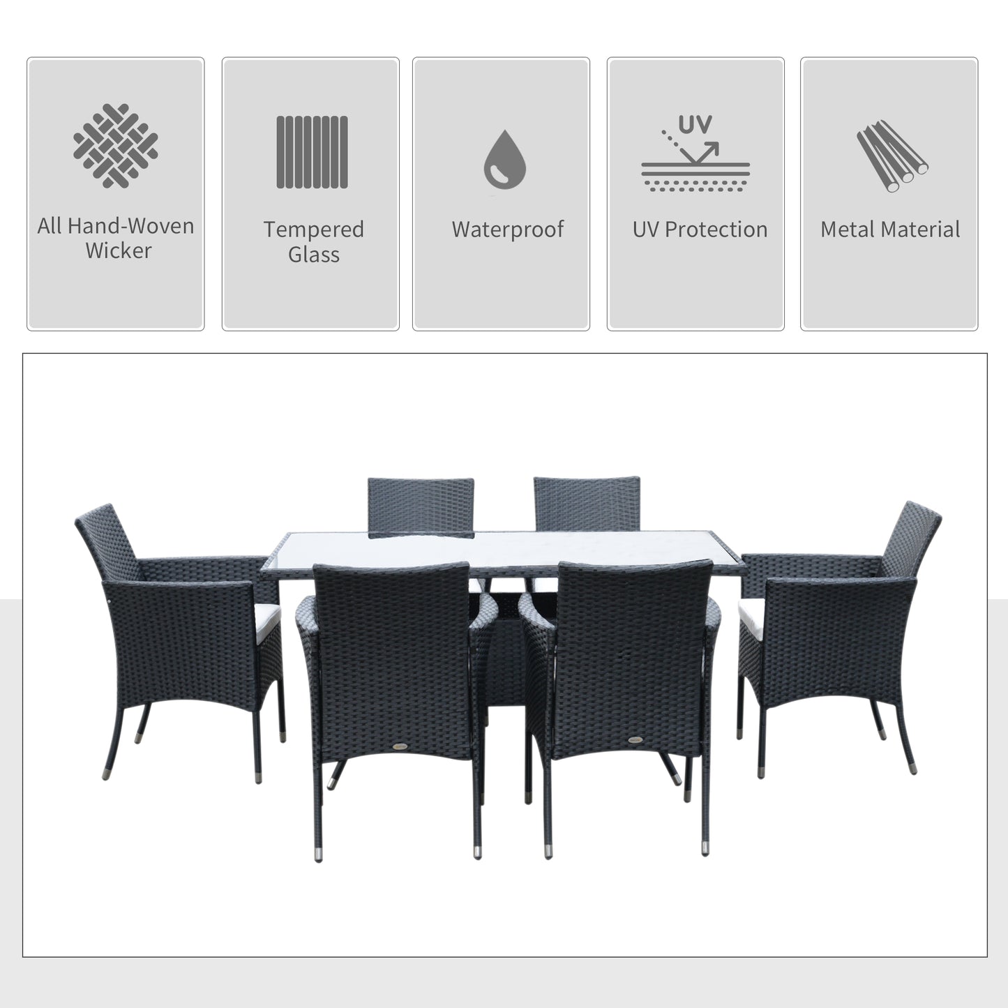 Outsunny 7 Piece Garden Dining Set with Padded Cushions, UV Resistant, for Porch, Garden and Patio, Grey