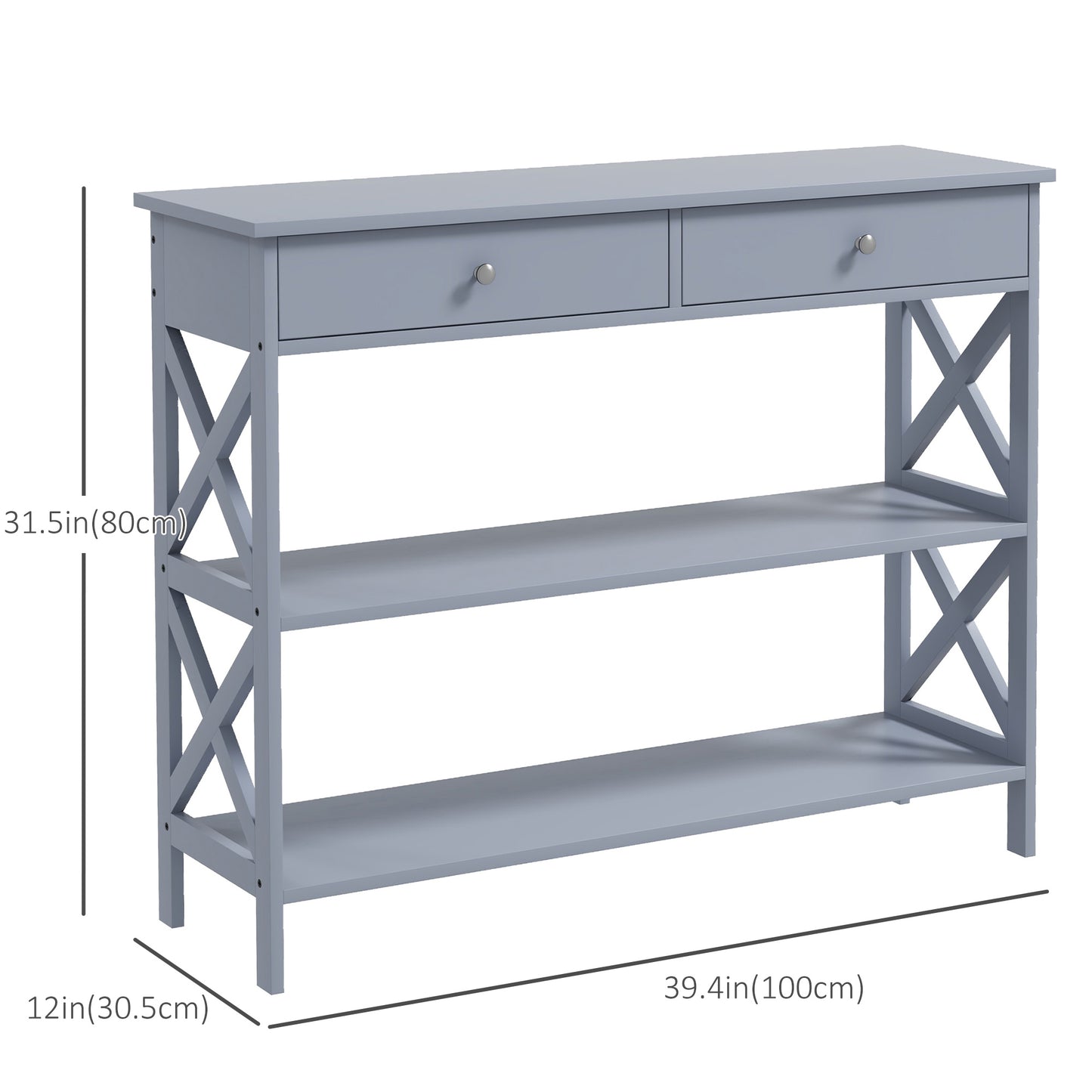 Console d'entrée moderne avec 2 tiroirs et 2 étagères, table de canapé pour salon, couloir, gris