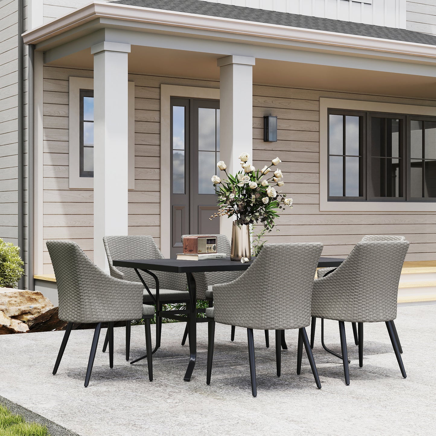 7 Piece Wicker Garden Furniture Set with Cushions, Parasol Hole, Slatted Top, for Garden, Porch, Balcony