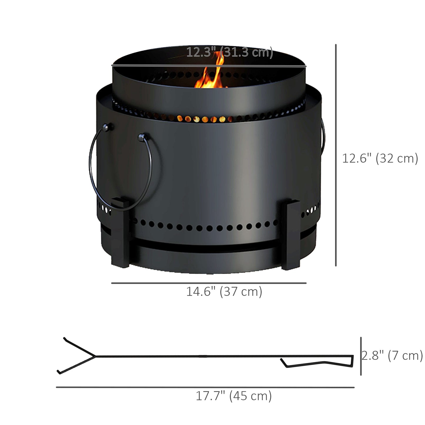 Outsunny Smokeless Fire Pit with Ash Catcher, Portable Wood Burning Fire Pit with Poker for Garden, Camping, Bonfire, Black