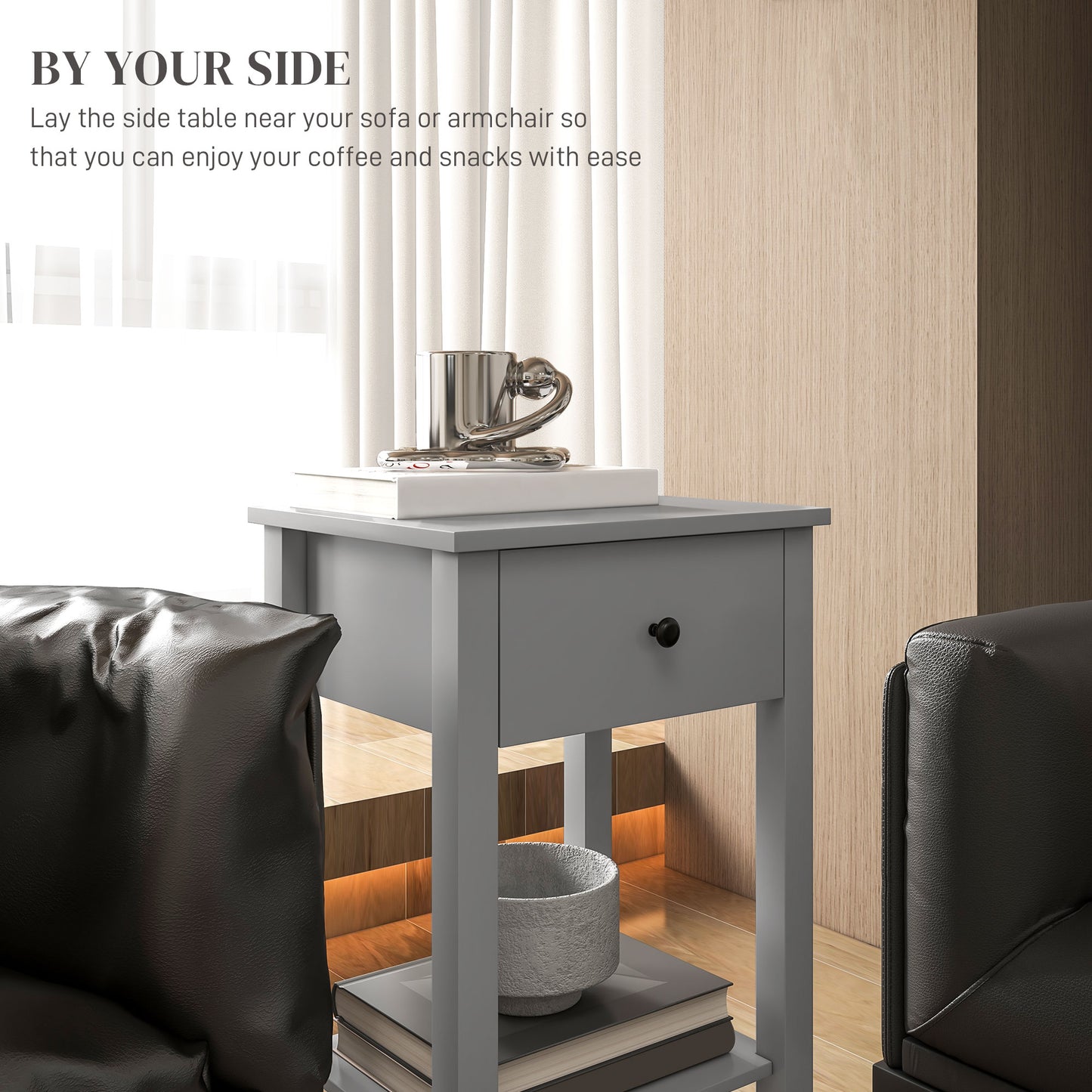Lot de 2 tables d'appoint avec tiroir et étagère inférieure, table de chevet à 2 niveaux, salon, gris