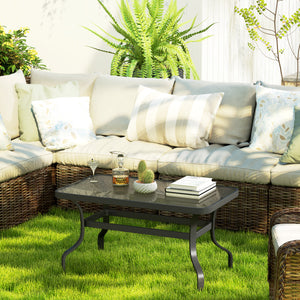 Table basse de patio avec plateau en verre trempé et cadre en métal, noire