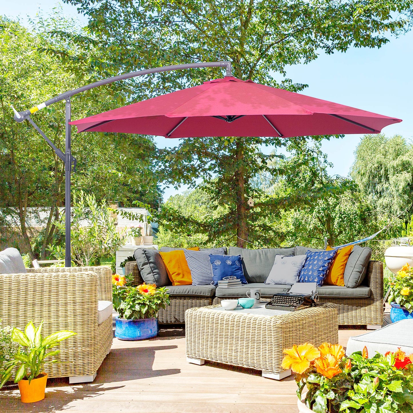 Outsunny Deluxe 10' Patio Umbrella, Offset Hanging Umbrella with Crank, Cross Base, Wine Red