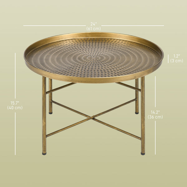 Vintage round coffee table with hammered top and metal frame, Gold