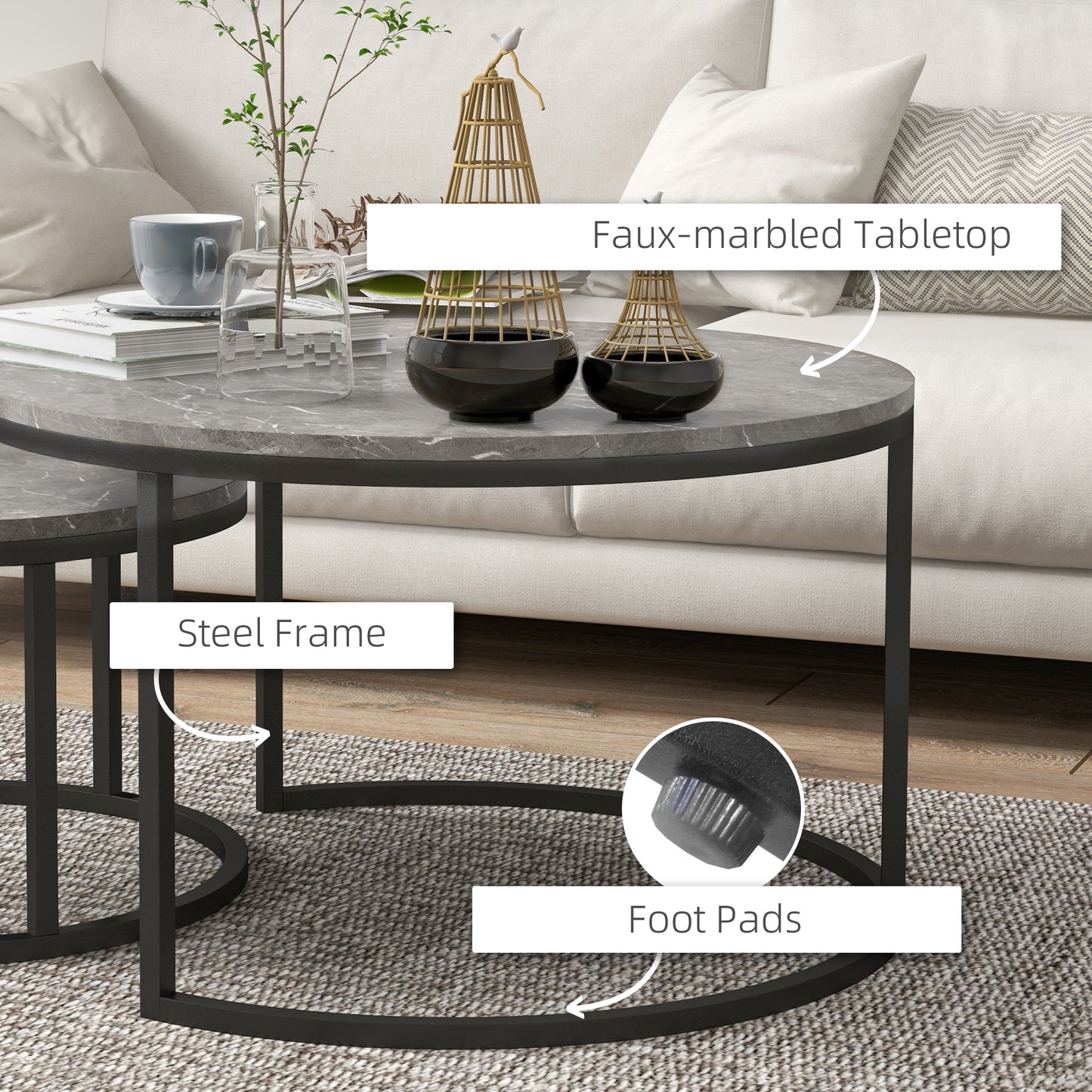 Lot de 2 tables basses modernes avec base en métal pour salon, imitation marbre gris