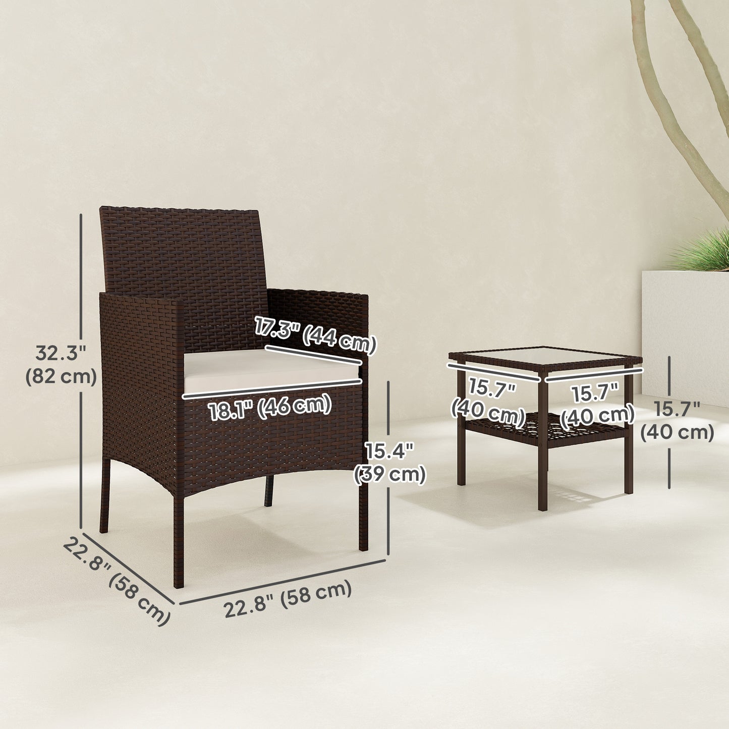 Ensemble bistrot Outsunny en osier, ensemble de 3 meubles de jardin avec table à deux niveaux en verre et coussins pour balcon et véranda, beige