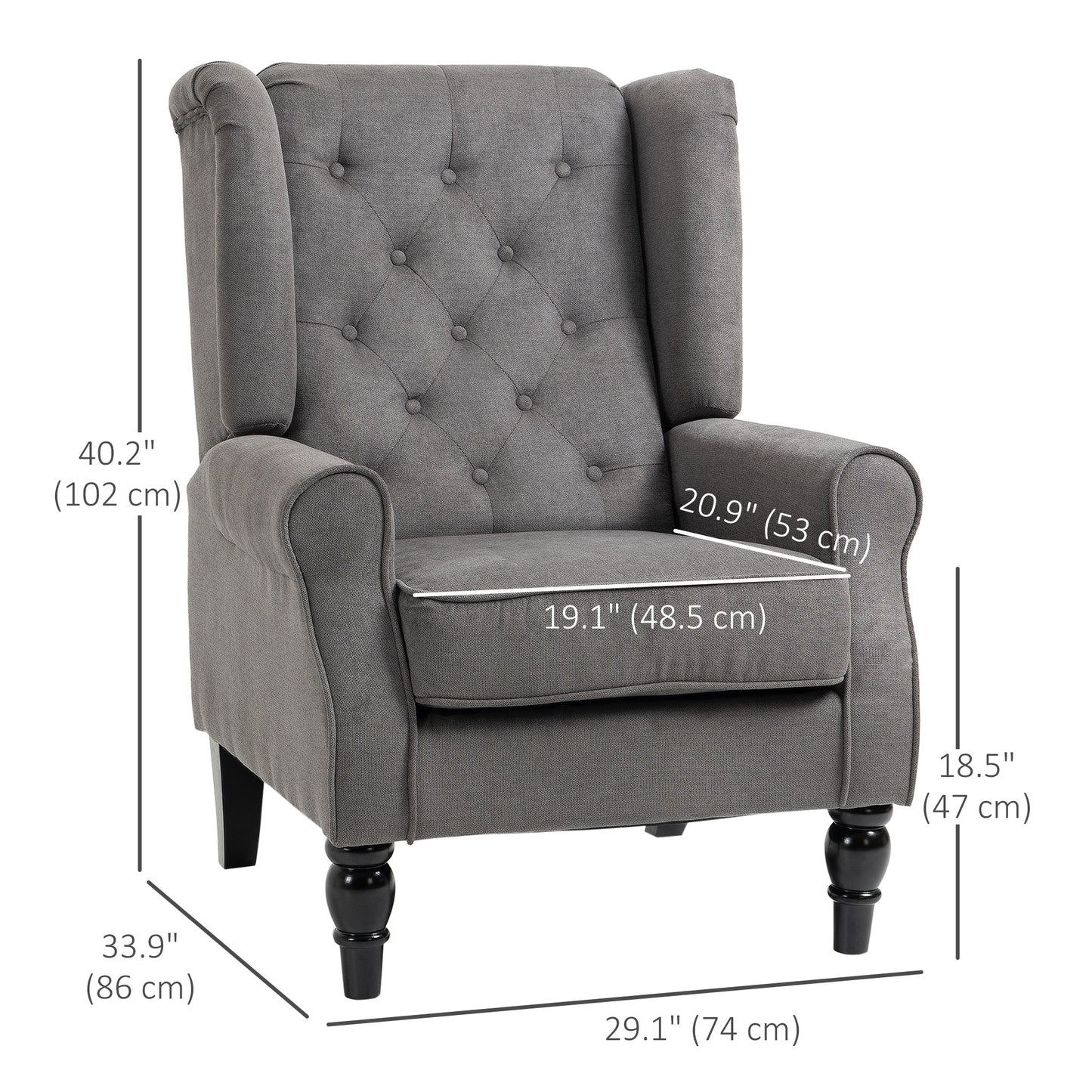 Fauteuil d'appoint en tissu capitonné, pieds en bois, gris anthracite