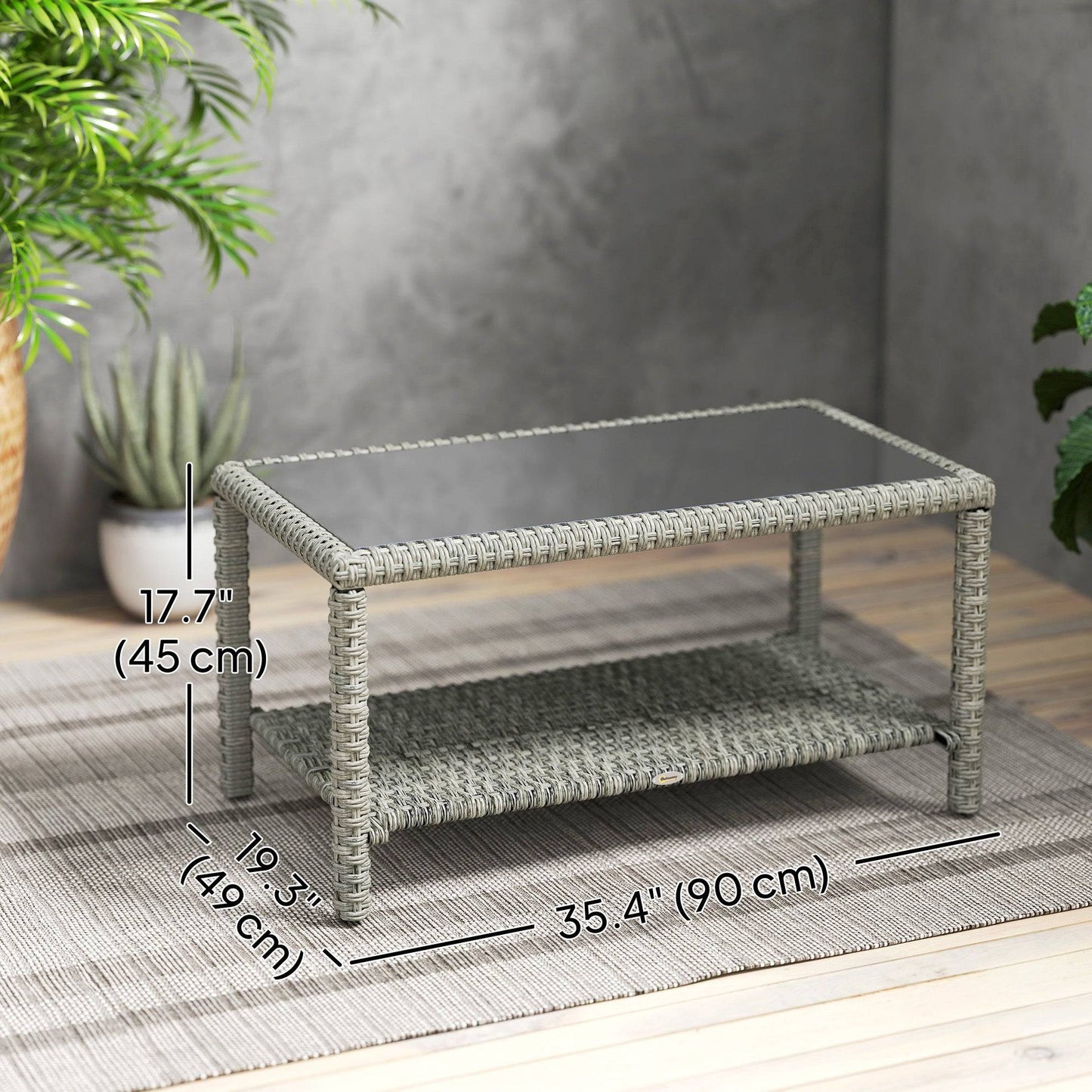 Table basse d'extérieur 35" en osier avec plateau en verre et étagère de rangement, gris foncé
