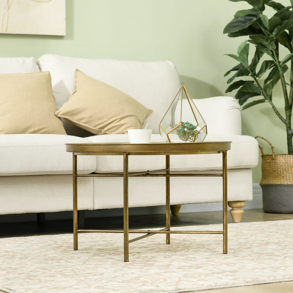 Vintage round coffee table with hammered top and metal frame, Gold