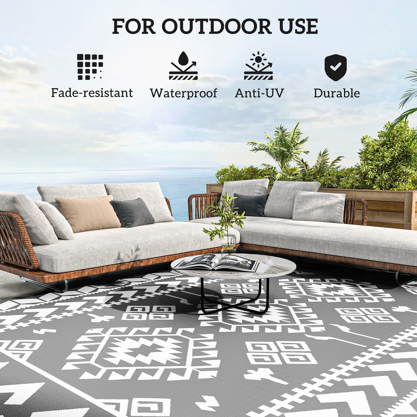 9' x 12' Outdoor RV Mat, Reversible Floor Mat with Carry Bag, Diamond Patchwork Pattern, Gray and White