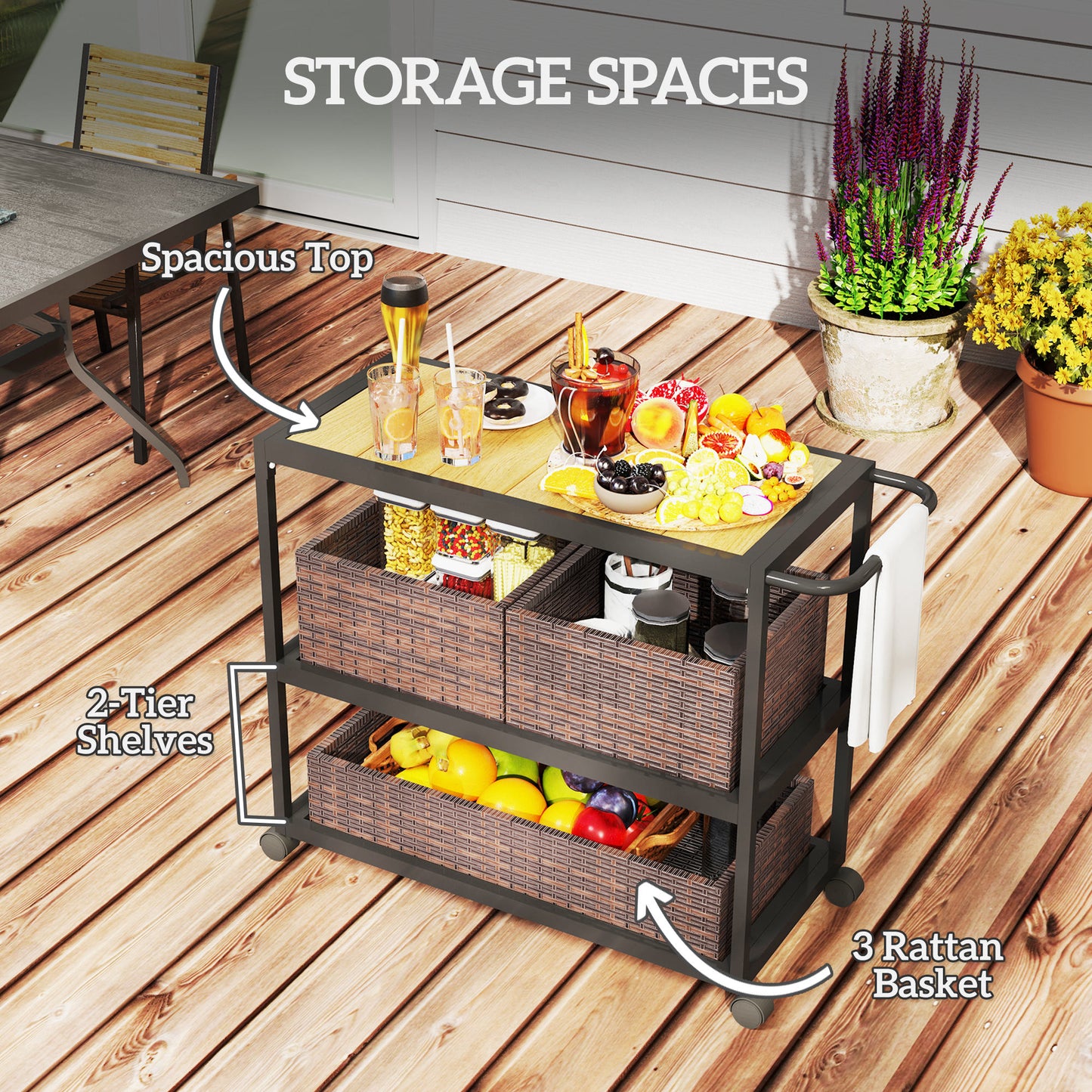 Outsunny Outdoor Bar Cart with Side Handle, 3 Tier Rolling Cart with Removable Rattan Basket, Mixed Brown