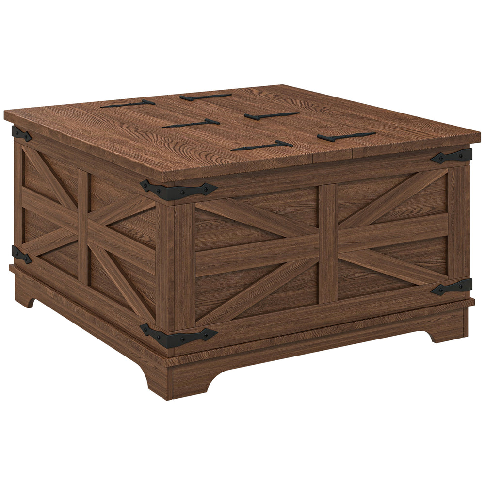 Table basse carrée style ferme en bois marron avec couvercles rabattables et compartiment de rangement dissimulé, parfaite pour salon rustique et organisé