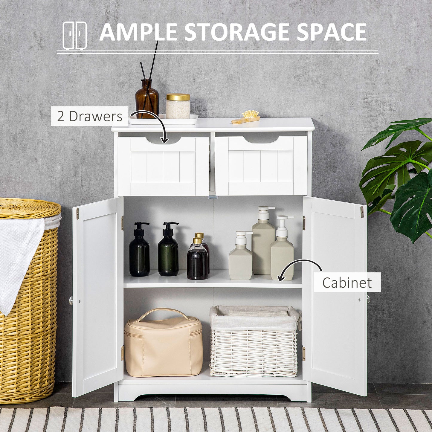Meuble de salle de bain avec 2 tiroirs, étagère réglable, blanc