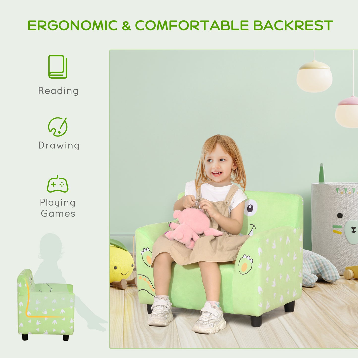 Fauteuil avec accoudoirs pour enfant avec imprimé animal mignon, velours ultra doux, bois d'eucalyptus, vert