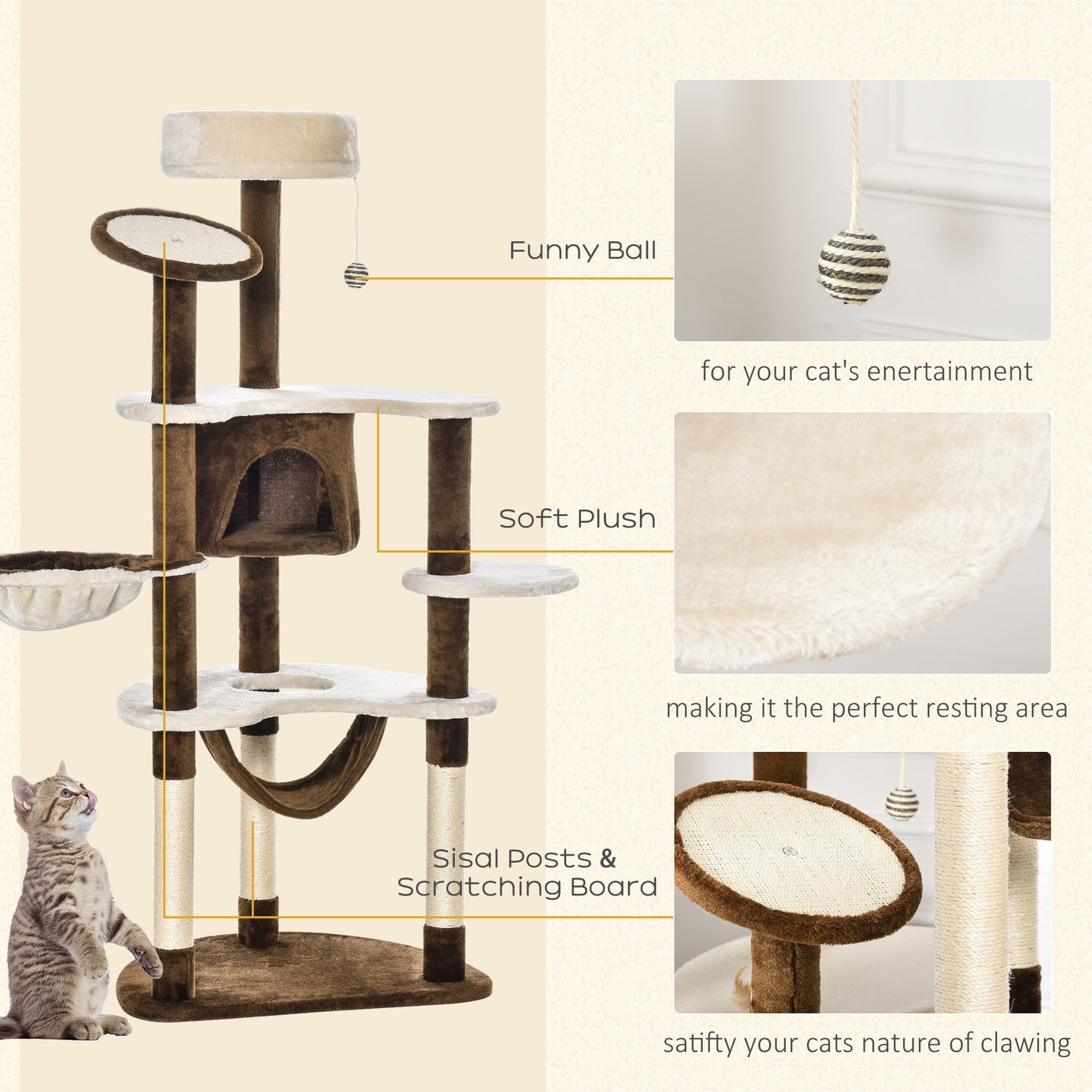 60-inch Cat Tree, Cat Bed, House & Toys - Brown & Beige