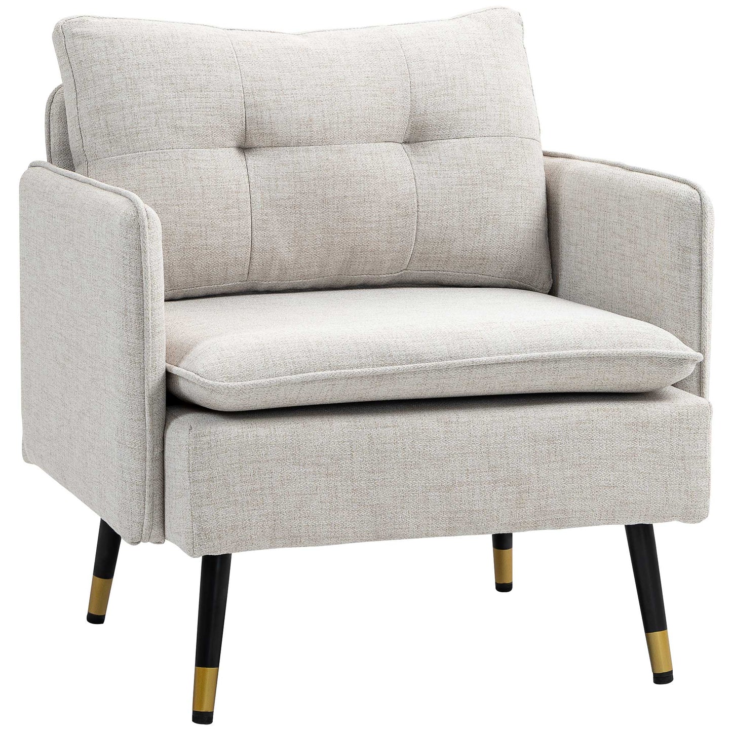 Fauteuil d'appoint moderne rembourré avec coussin de dossier capitonné et pieds en acier pour salon, blanc crème