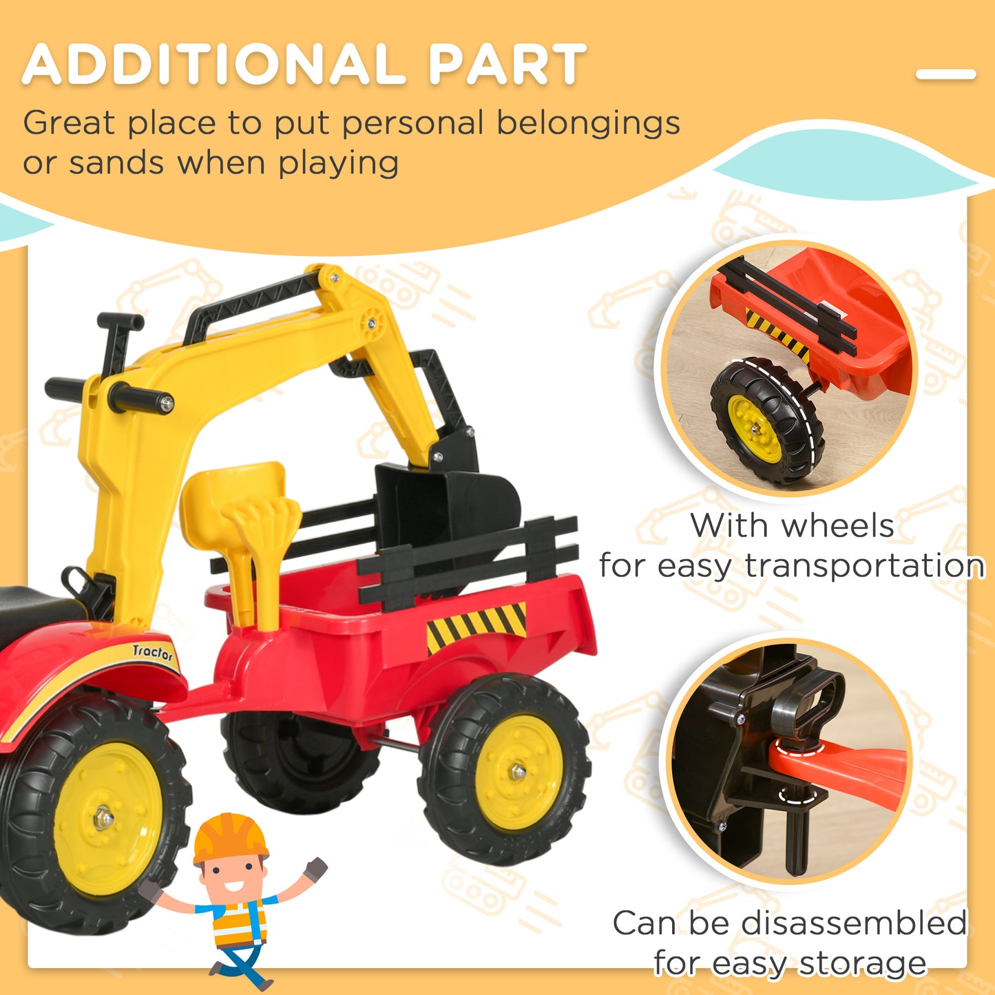 3 in 1 6-wheel excavator, bulldozer with controllable loading trailer and easy-to-use pedals