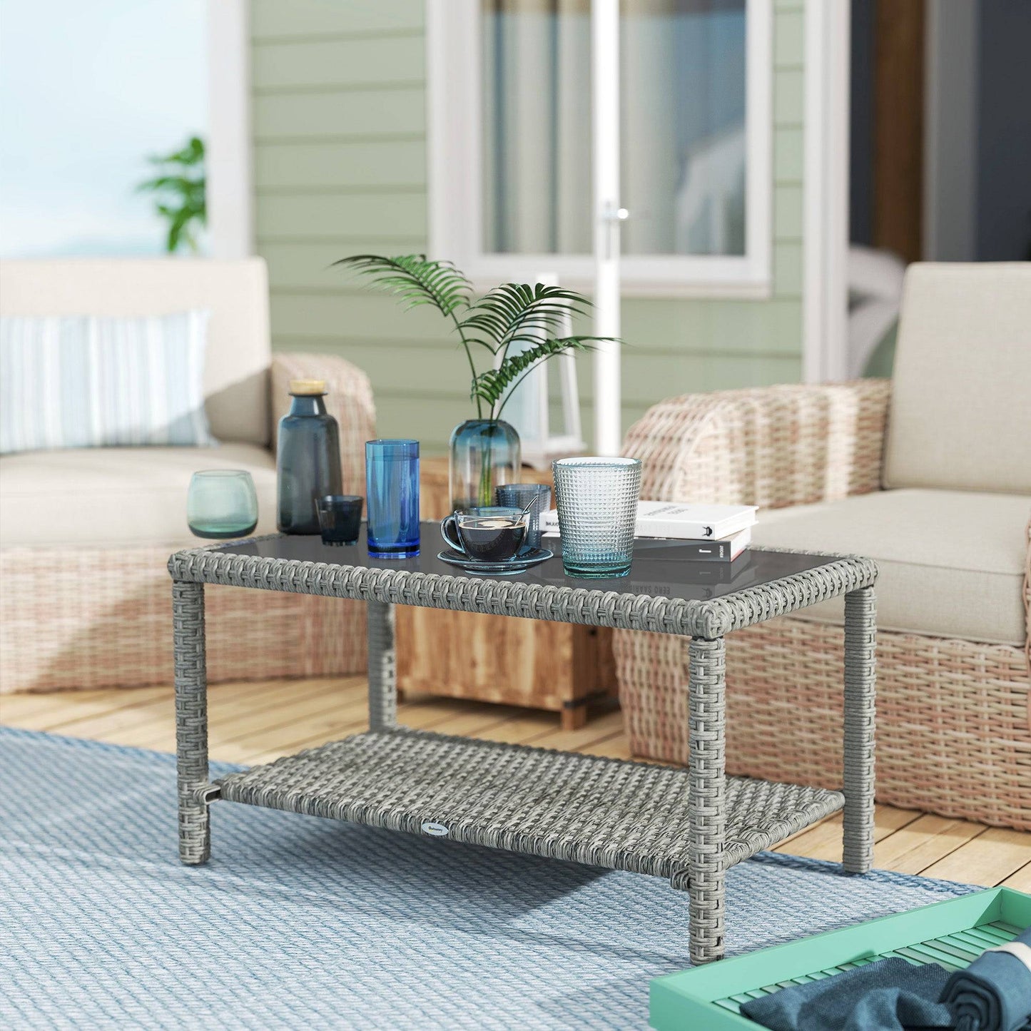 Table basse d'extérieur 35" en osier avec plateau en verre et étagère de rangement, gris foncé