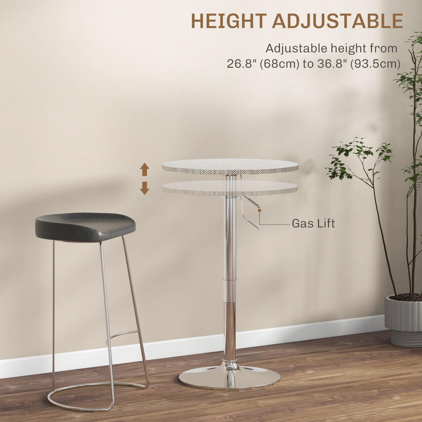 Table de bar réglable pour 2 personnes, ronde avec plateau en rotin synthétique et base en acier, gris