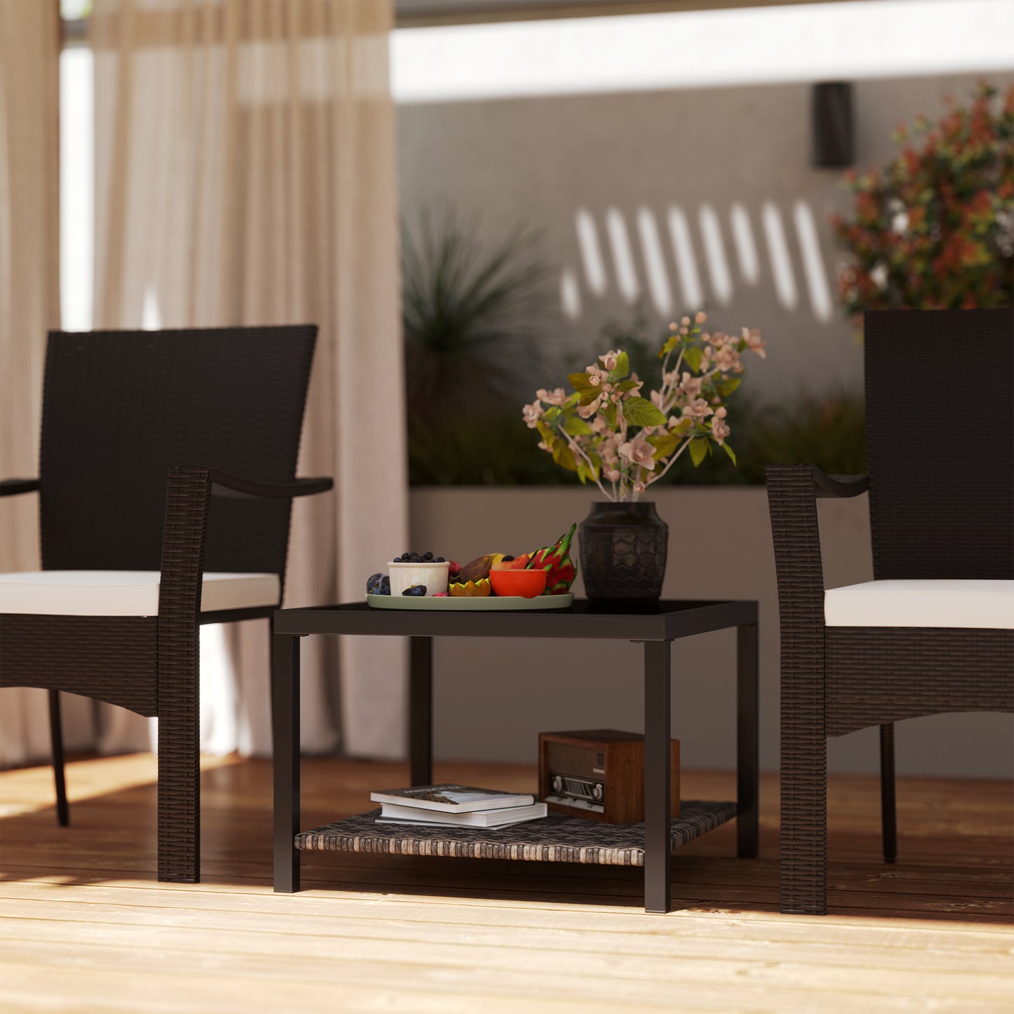 Table basse d'extérieur avec plateau en verre trempé et étagère de rangement pour terrasse, jardin et balcon, noire