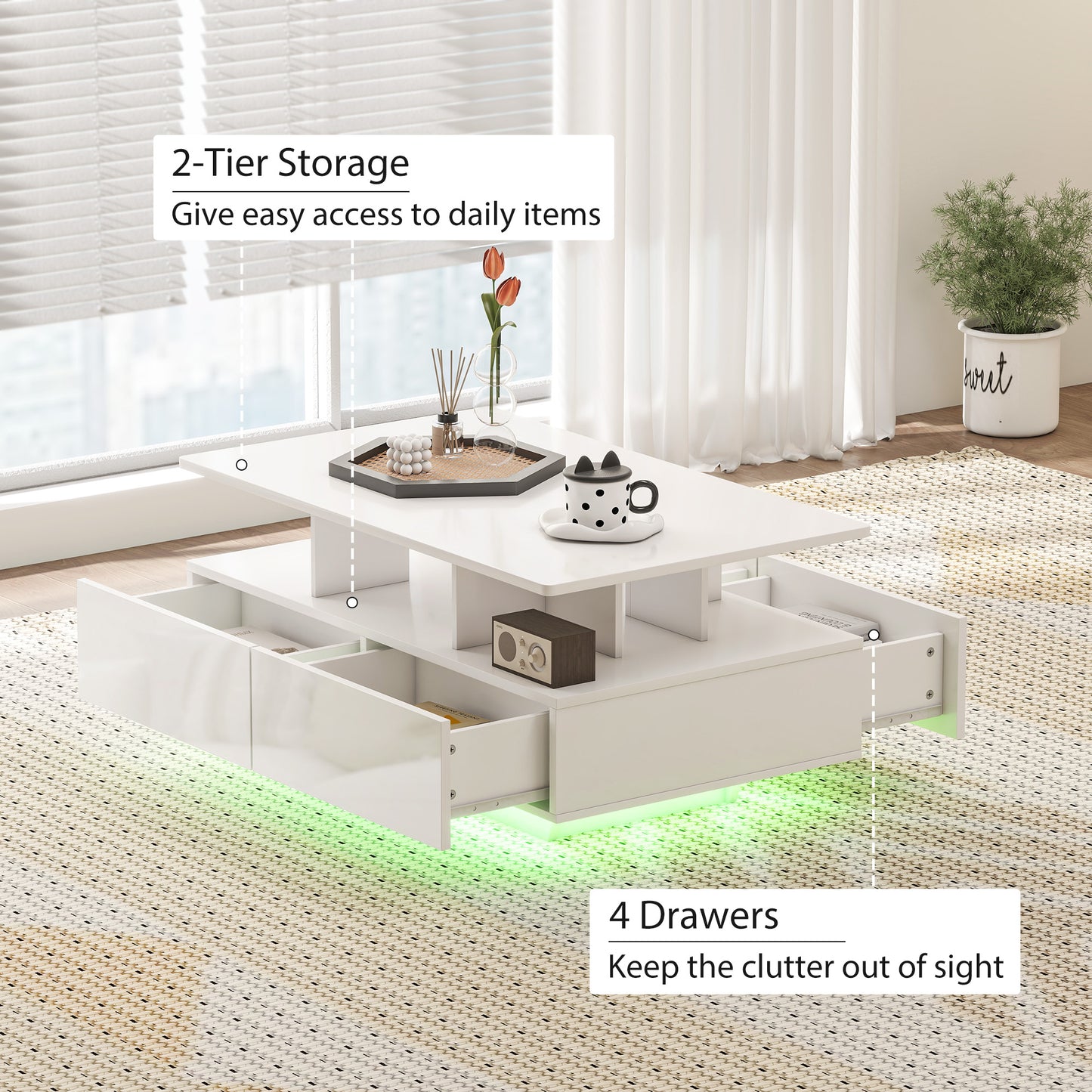 Table basse avec éclairage LED RVB avec 4 tiroirs, étagère ouverte, télécommande, blanc brillant