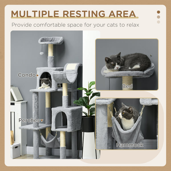 Large 178cm Multi-Level Cat Tree with Hammock, Basket & Sisal Scratching Posts, Blue-Grey