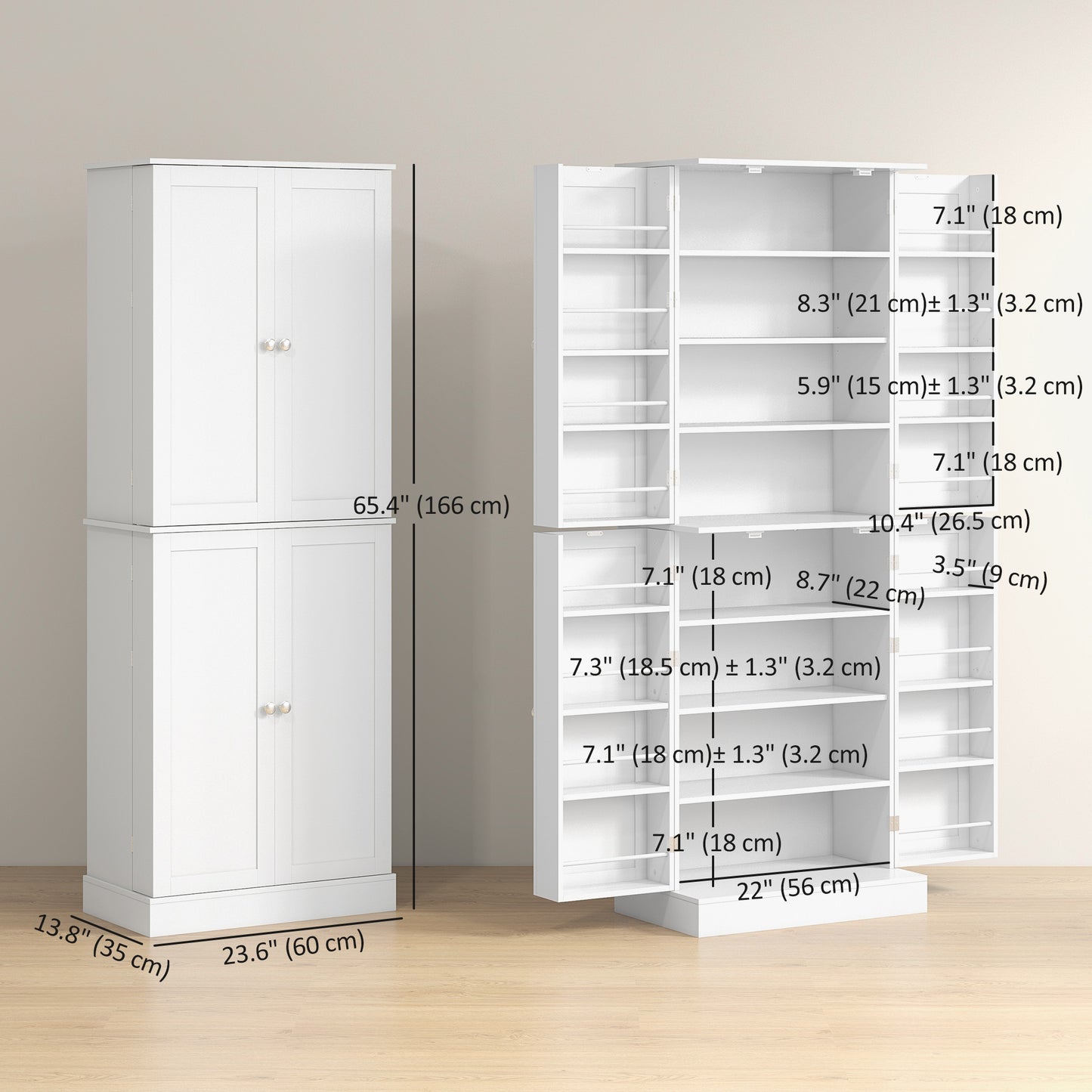 65-inch Kitchen Cabinet, Pantry with 4 Doors and 16 Shelves for Dining Room, White