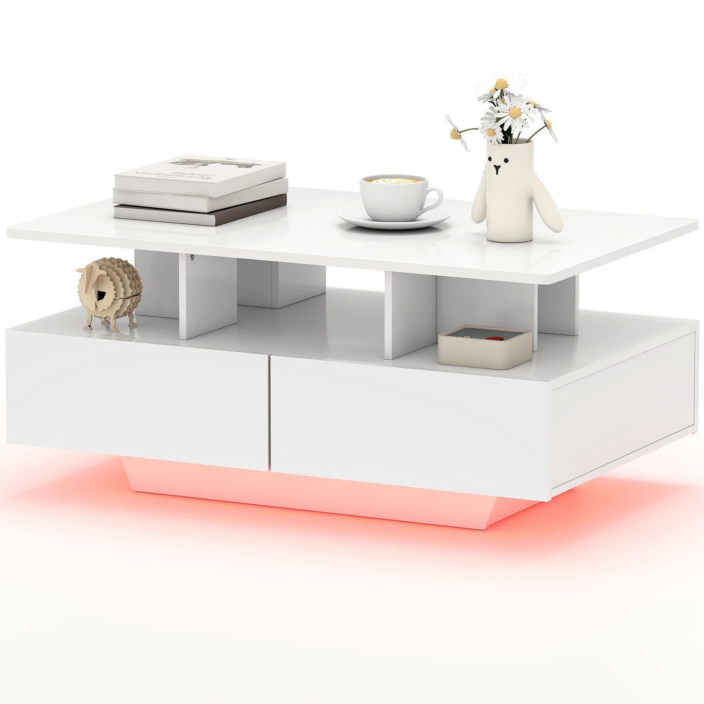 Table basse avec éclairage LED RVB avec 4 tiroirs, étagère ouverte, télécommande, blanc brillant