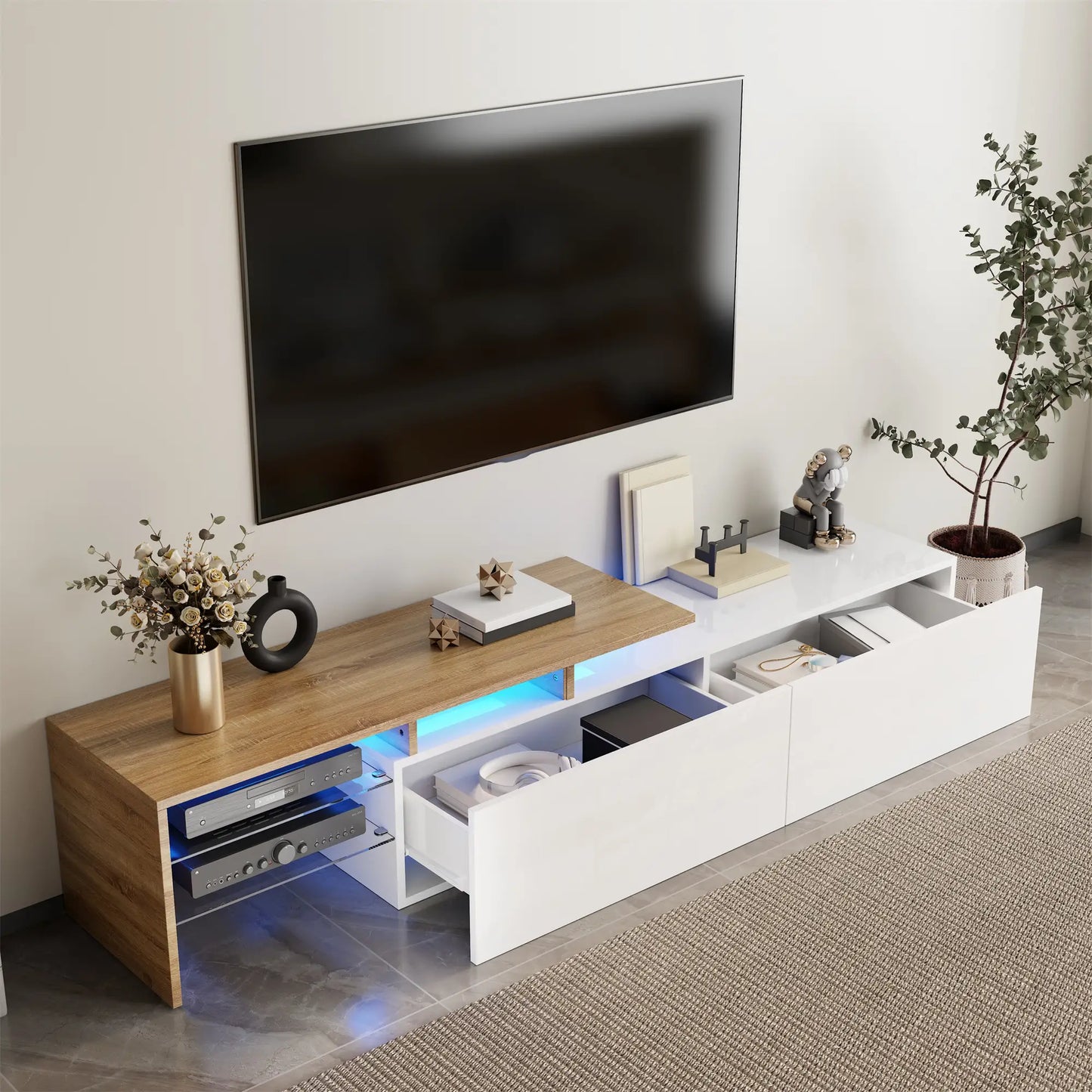 Meuble TV moderne avec étagères en verre et éclairage LED, blanc et naturel
