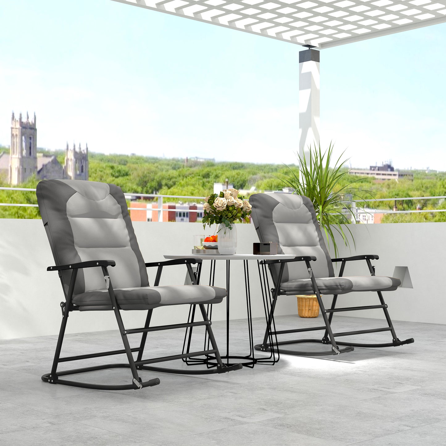 Outsunny Set of 2 Padded Folding Rocking Chairs with Armrests, Light Grey
