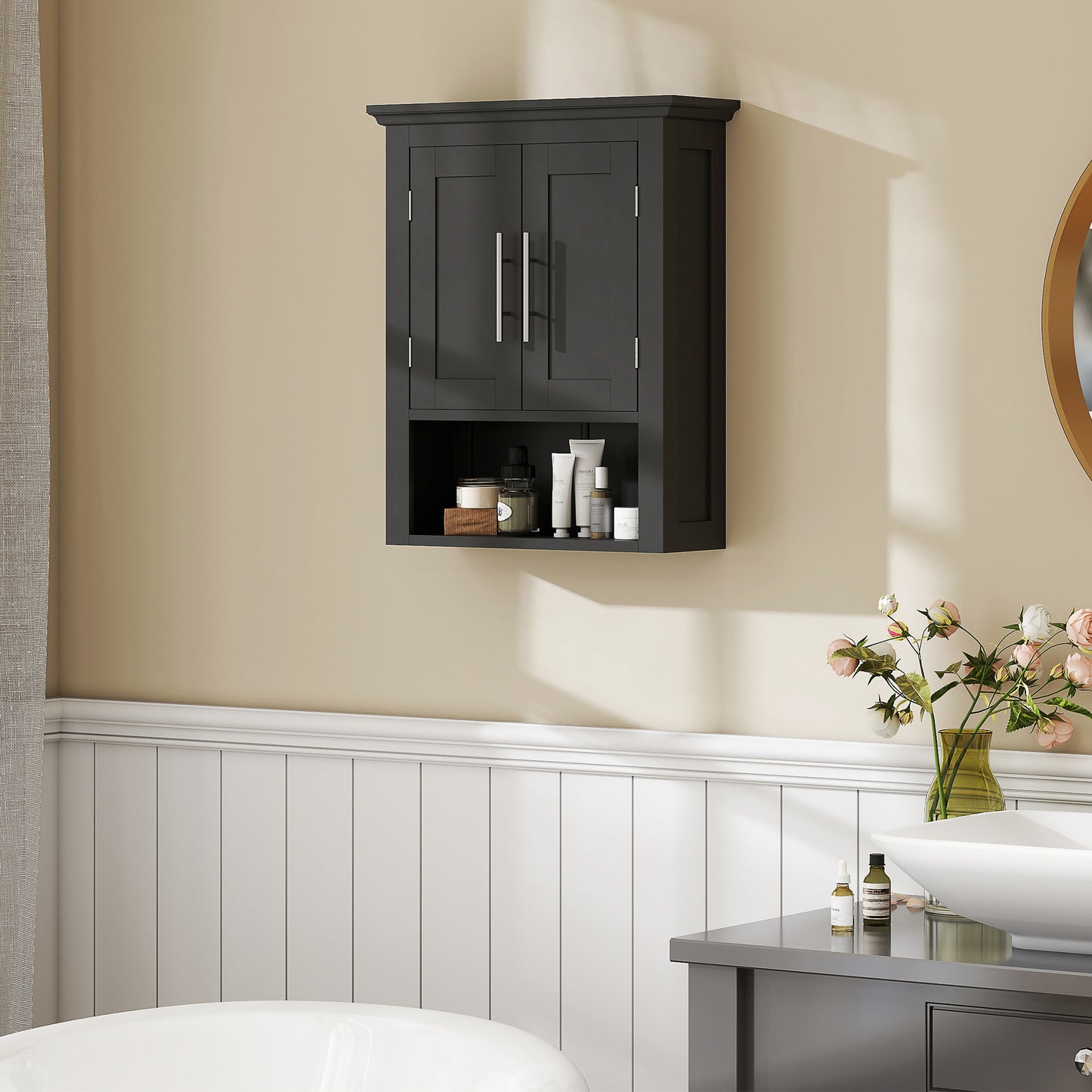Toilet storage cabinet with shelf, black
