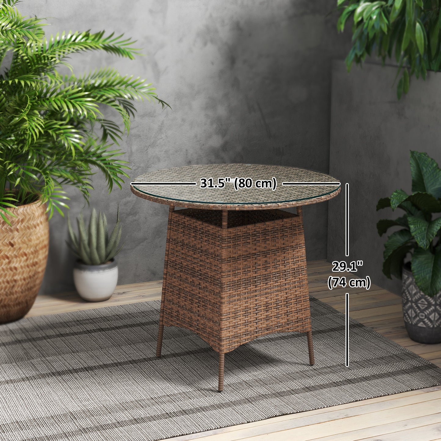Table de jardin ronde avec trou pour parasol, table basse bistro avec plateau en verre trempé, marron