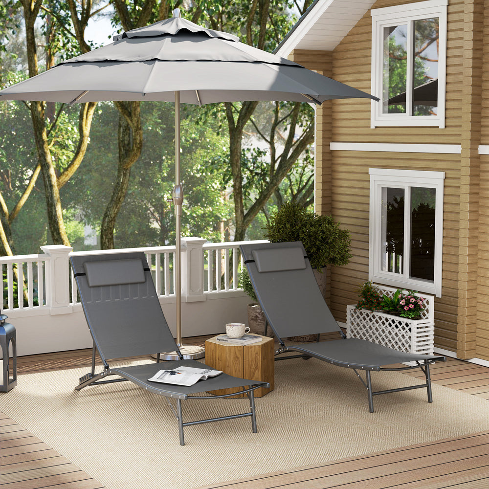 Lot de 2 chaises longues pliantes d'extérieur avec dossier réglable, appui-tête et assise en maille pour la plage et la piscine, gris
