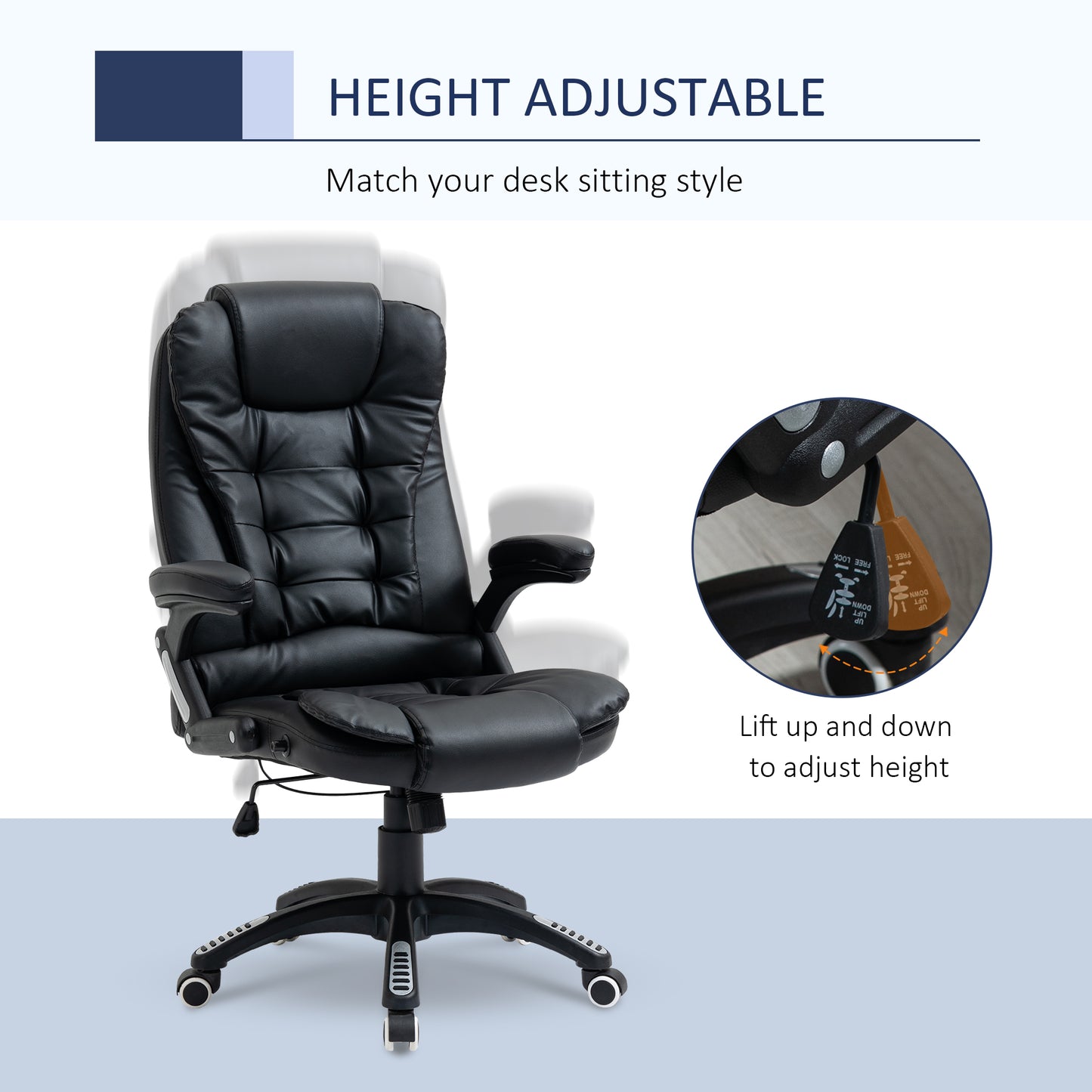 Fauteuil de bureau en cuir synthétique, inclinable, avec roulettes pivotantes, accoudoirs, hauteur réglable, dossier haut, noir
