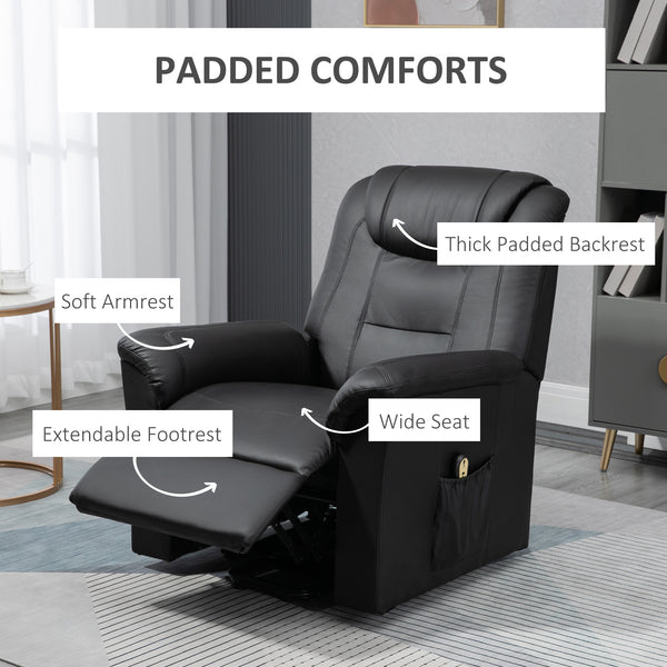 Fauteuil releveur électrique inclinable en cuir synthétique avec repose-pieds et télécommande, noir