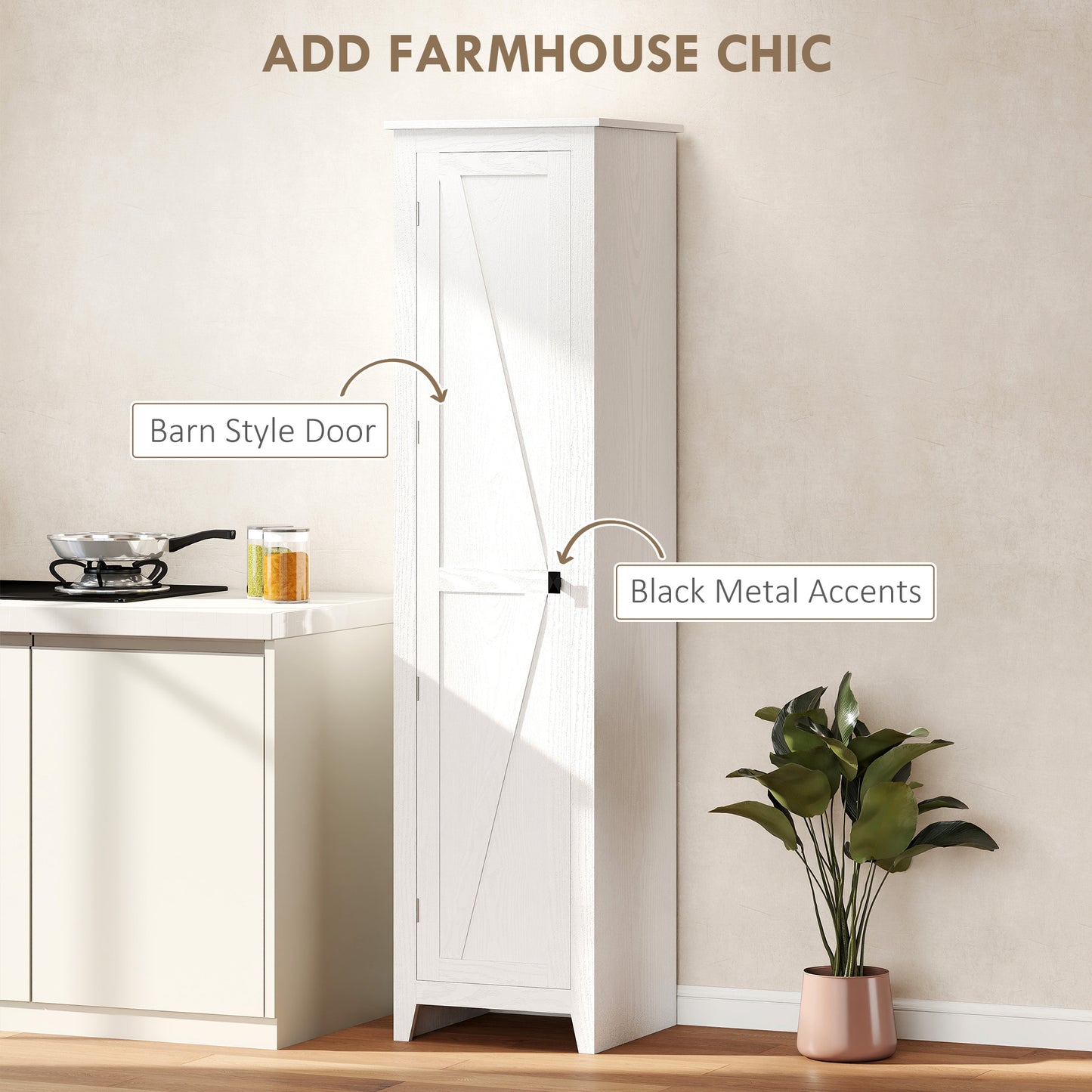 Armoire de rangement de cuisine style ferme 67" avec porte de grange et étagères réglables, blanc