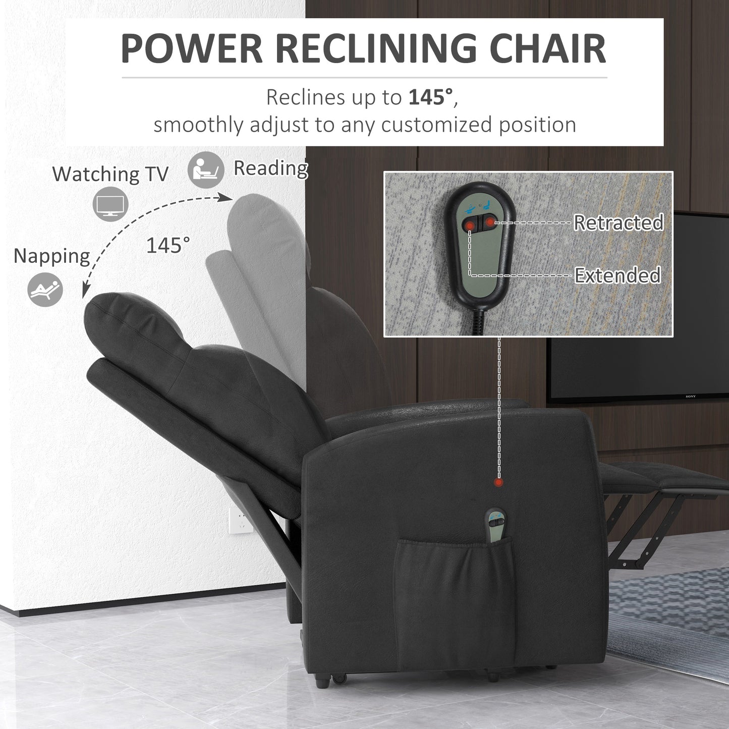 Fauteuil inclinable releveur électrique avec télécommande et poche latérale, gris
