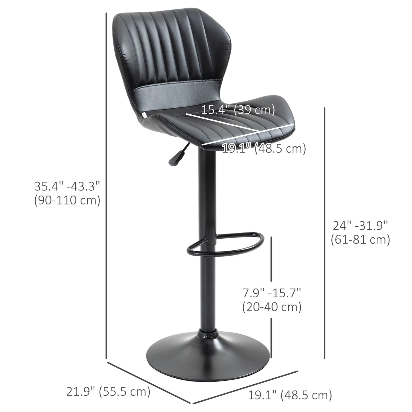 Set of 2 Adjustable PU Leather Swivel Stools with Chrome Base and Footrest, Black