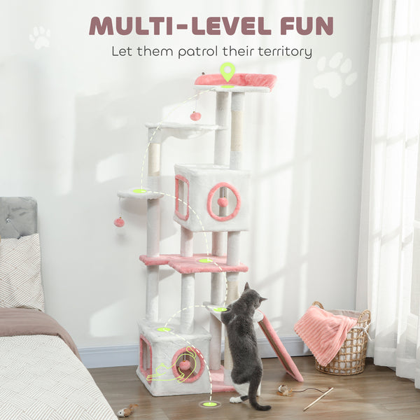 65-inch Cat Tree with 2 Doors, Plush Perch, Hammock, Sisal Scratching Posts, White