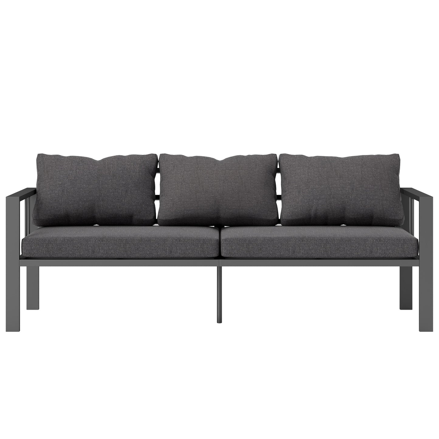 Canapé d'extérieur 3 places en aluminium avec coussins, assise large et accoudoirs, gris foncé