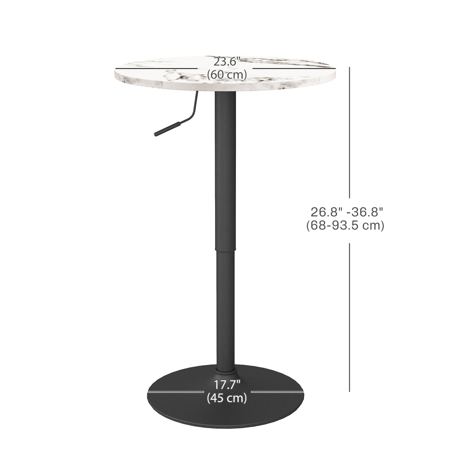 Table de bar réglable pour 2 personnes ronde avec base en acier pour bar à domicile, marbre blanc